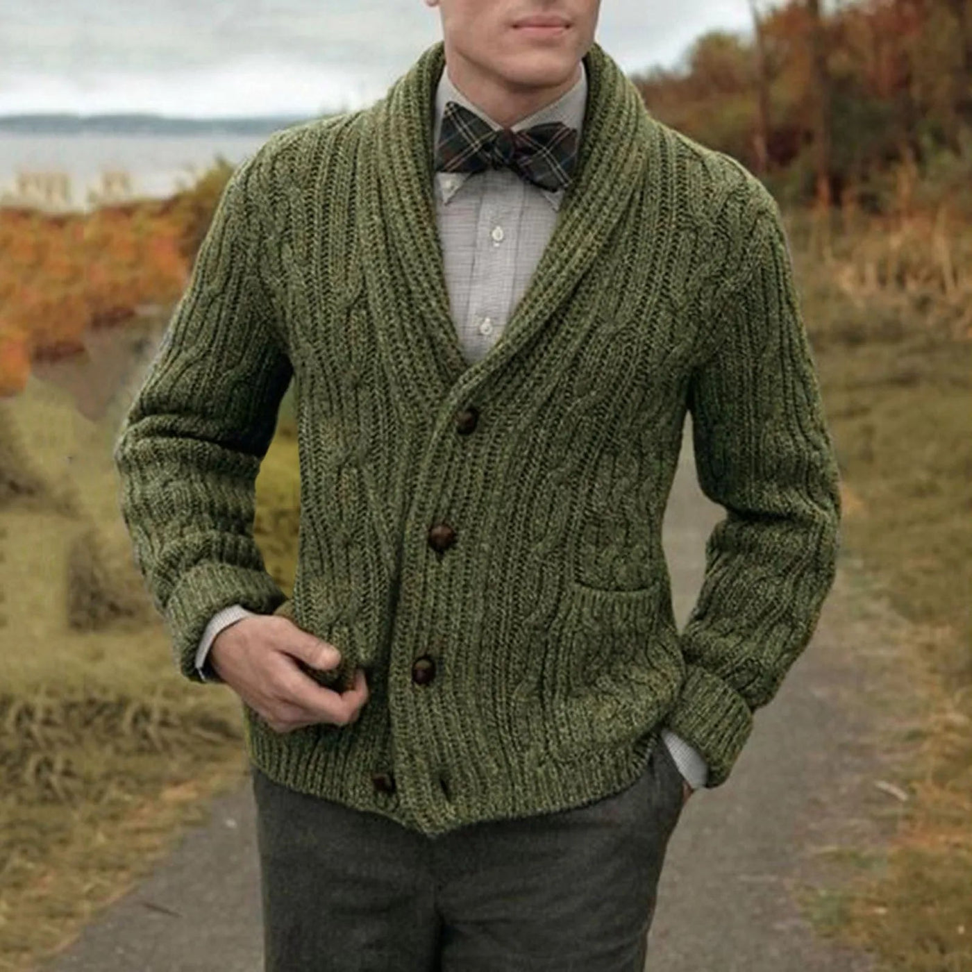 Men’s Chunky Knit Shawl Collar Jumper