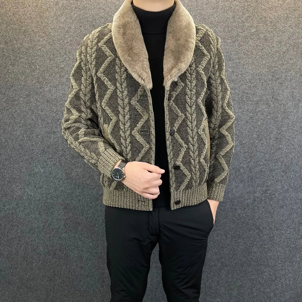 Men's Faux Fur Collar Winter Coat